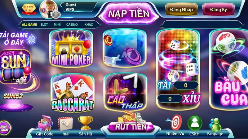 Giao diện chọn game của cổng game bài đổi thưởng Saowin