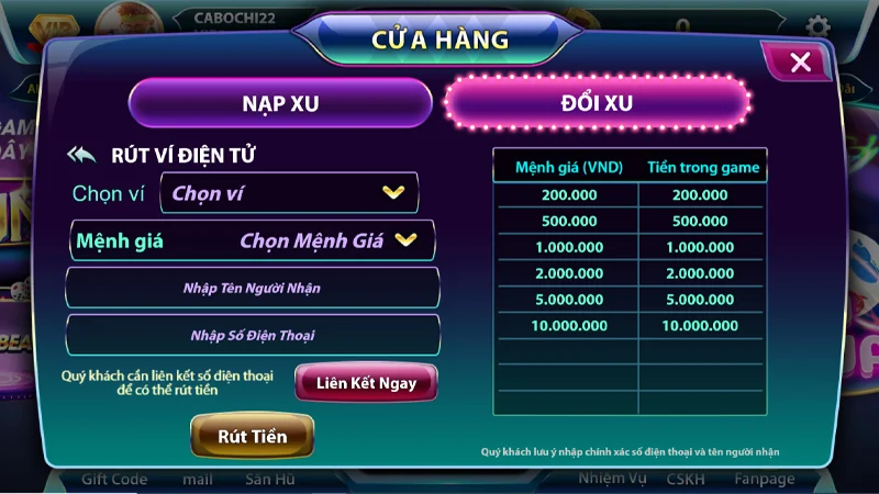Rút tiền Sun52 về qua ví điện tử